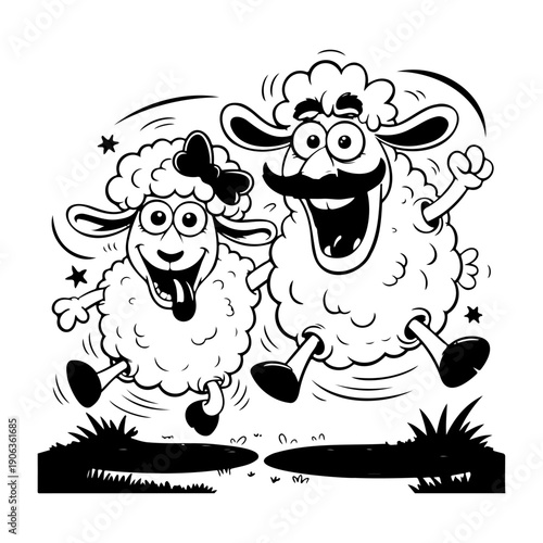 Two whimsical cartoon sheep, one with a mustache, joyfully leap through a field with wide smiles.