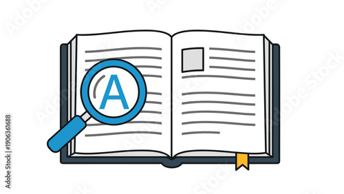 Illustration of a blue magnifying glass focusing on the letter A in an open dictionary book with a yellow bookmark.