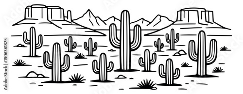 Hand drawn line art illustration of a desert landscape depicting saguaro cacti and mountains for a nature background