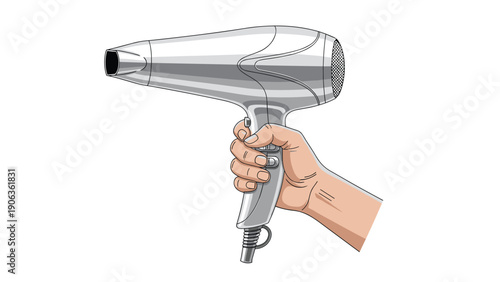 Close-up illustration of a hand firmly gripping a modern silver hair dryer with black buttons and a power cord at the bottom.
