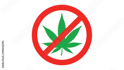 Universal red prohibition circle with a diagonal line over a green marijuana leaf to indicate a ban on cannabis.