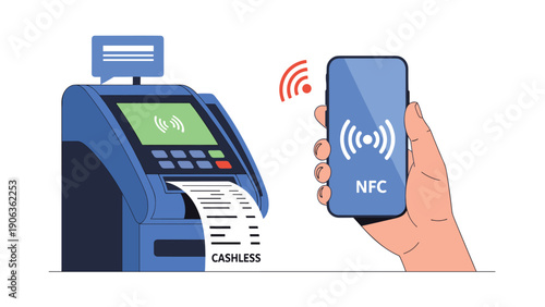 Contactless payment method using mobile phone with nfc technology at a digital retail terminal for cashless transactions.