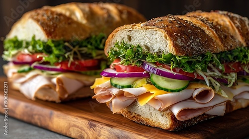 Close-up of two fresh sandwiches on a wooden board, showcasing various fillings