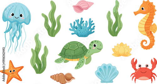Cute sea animals and underwater elements set with turtle jellyfish seahorse crab and coral vector illustration