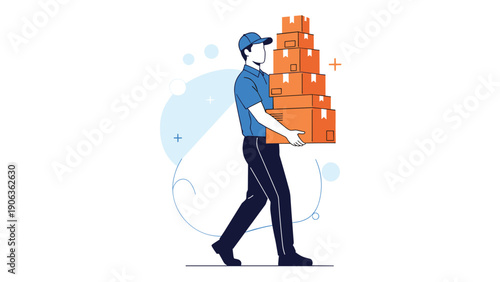 Professional delivery service worker carrying a tall stack of brown cardboard parcels for shipment in a clean modern illustration.