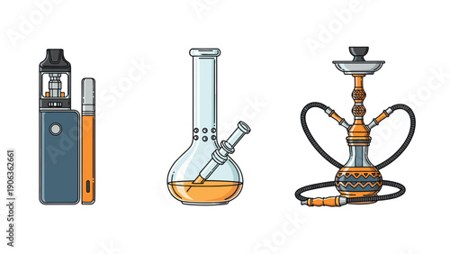 Set of smoking and vaping equipment featuring an electronic cigarette a glass water bong and a traditional hookah for nicotine use.