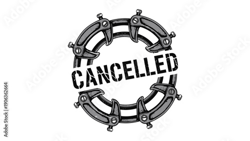 Cancellation Stamp: A bold stamp design, featuring the word CANCELLED overlaid on a cogwheel. Representing the concept of termination, stoppage, and annulment. 