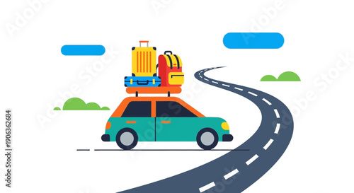 Car with Luggage on Roof Rack for Road Trip Adventure