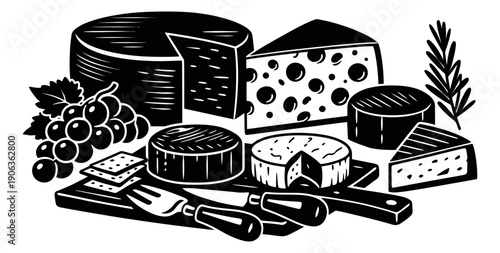 Hand drawn cheese set featuring various cheeses, grapes and crackers for a gourmet food design