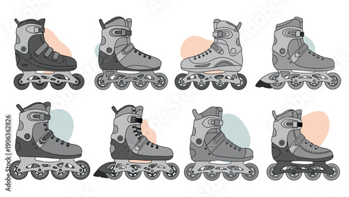 Variety of inline skates and rollerblades shown in different styles and gray colors for recreational skating and sports activities.