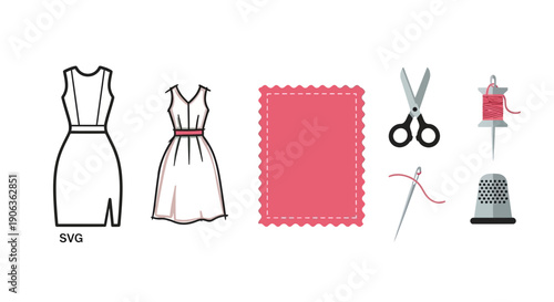 Sewing Clothing Design Icons: Dress Patterns, Fabric, Tools