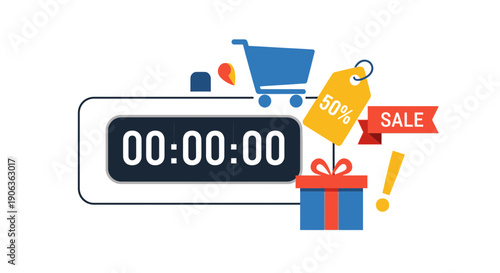 Sale Countdown Timer with Shopping Cart, Gift Box, and Discount Tag