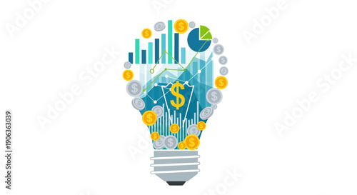 Financial Idea Bulb: Graphs, Coins, Dollar Sign, Lightbulb