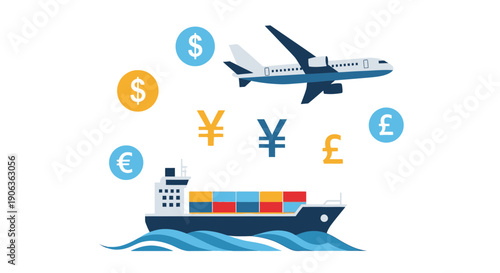 Global Trade Logistics: Airplane, Ship, Currency Symbols