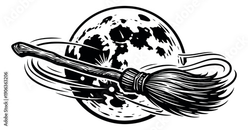 Line art illustration of a witch's broom depicting fast flight for Halloween celebration