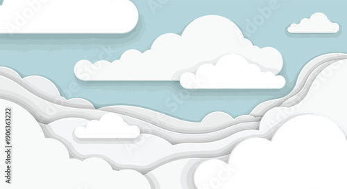 Cloudscape Serenity: Abstract sky scene with fluffy, layered clouds in shades of white against a gentle blue backdrop. This tranquil and minimalist design evokes a sense of peace and calm.