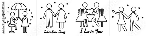 Set of minimalist line icons showing romantic couples in love, including Valentine themes, affection gestures, and relationship symbols. Clean outline style suitable for stickers, icons