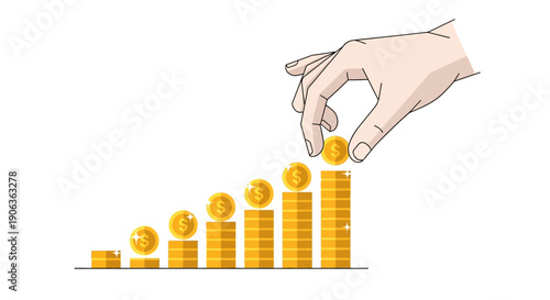 Hand adding coin to growing stack, financial growth concept