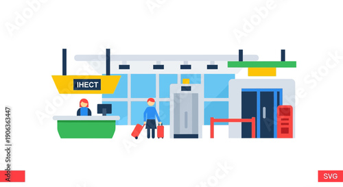 Airport terminal illustration with check-in counter and security gate