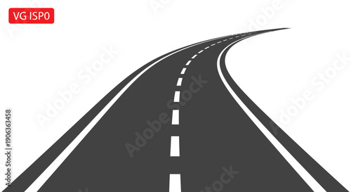 Curving asphalt road with white dashed line on white background