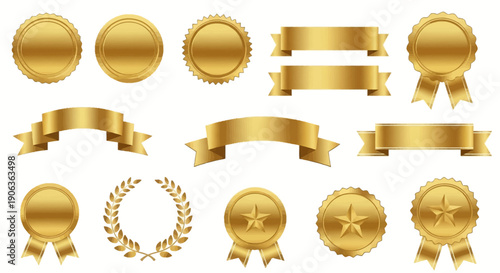 A collection of shiny golden award ribbons, seals, and laurel wreath icons representing achievement, success, and premium quality status