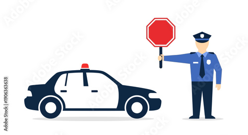 Police Officer Directing Traffic with Stop Sign Beside Patrol Car