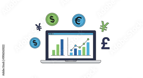 Laptop with Financial Charts and Currency Symbols
