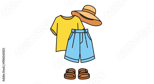 Summer Outfit: Yellow T-Shirt, Blue Shorts, Sun Hat, Sandals