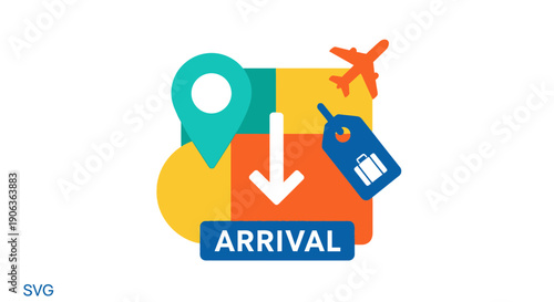 Travel Arrival Icon: Airplane, Pin, Luggage Tag, Down Arrow