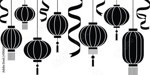 Chinese lantern silhouette decoration set featuring hanging paper lanterns and ribbon streamers, traditional Asian festival ornament elements isolated on white background for design.