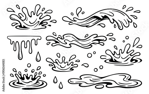 Hand drawn line art water elements set featuring splashes, drops, waves, and ripples for liquid themes