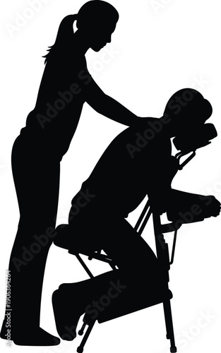 Massage therapist silhouette illustration showing woman giving chair massage to man, spa relaxation and body therapy concept isolated on white background for wellness design.