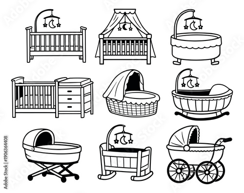 Hand drawn line art nursery furniture set featuring cribs, bassinets, cradles, and a stroller for infant care