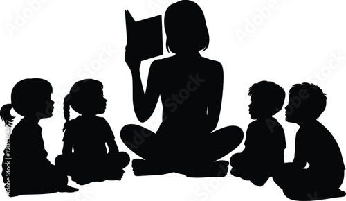 Teacher reading book to children silhouette illustration showing woman storytelling to kids sitting on floor, education and learning concept isolated on white background.