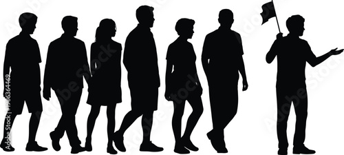 Tour guide silhouette illustration showing group of tourists walking with guide holding flag, travel excursion and sightseeing concept isolated on white background for tourism design.