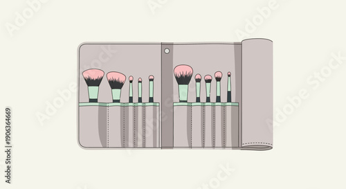 Makeup brushes in a gray case with pink and green handles.