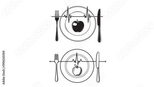 Heart Healthy Eating Concept Illustration with Plate Fork and ECG Motif for Cardiac Nutrition Programs, Preventive Diet Counseling and Wellness Marketing Materials