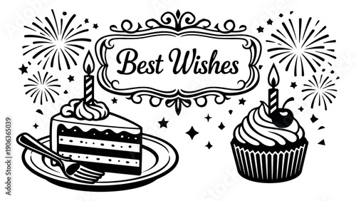 Hand drawn line art celebration set featuring festive desserts with lit candles, "Best Wishes" text, and fireworks for special occasions