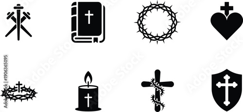 Set of clean vector cross icons and silhouettes in different shapes for religious and medical design use