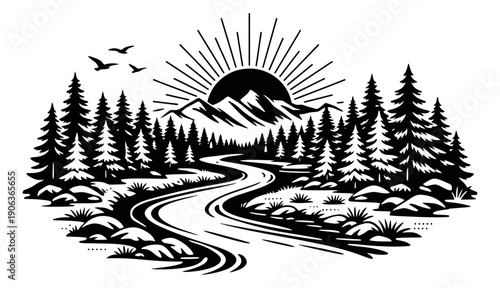 Line art illustration of a mountain landscape depicting a sunrise over pine trees and a winding river for outdoor and nature designs