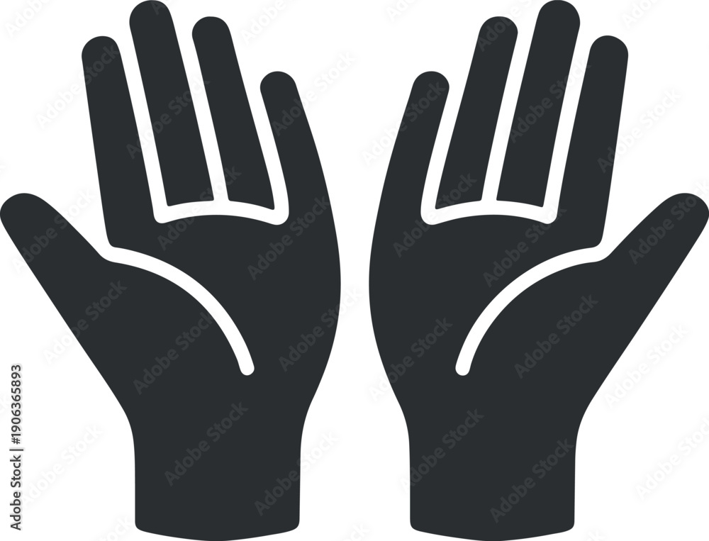 Obraz premium open hands prayer and worship icon black silhouette vector, raised hands supplication and spirituality symbol isolated on white, praying hands gesture minimal flat design