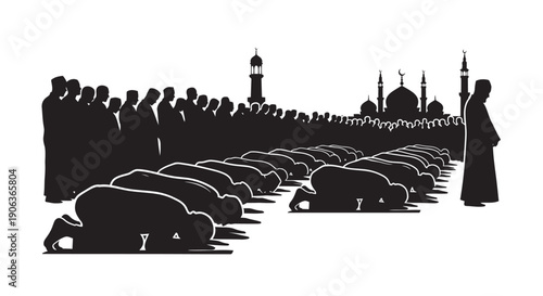 Muslim men praying in congregation at mosque with imam leading