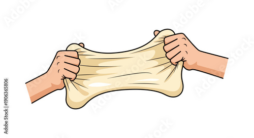 Cartoon Illustration of Hands Stretching Elastic Fresh Dough for Pizza or Bread Preparation, Indicating Gluten Development and Baking Process