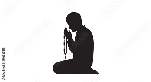 Woman praying with rosary beads in meditation silhouette