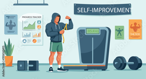 Bodybuilder Measuring Progress

Flat vector illustration of a bodybuilder checking body measurements using tape measure. Weight scale or fitness chart visible. Flat vector style, self-improvement