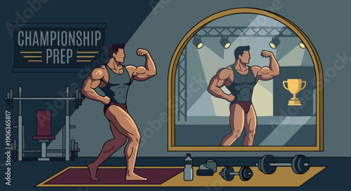 Bodybuilder Practicing Posing

Flat vector illustration of a bodybuilder practicing posing in front of a mirror. Trophy or stage lights hinted in background. Flat vector style, competition preparation