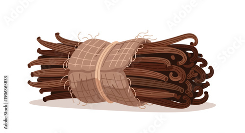 Premium Bundle of Dried Vanilla Beans Tied with Burlap Mesh and Twine. Cartoon Vector Illustration of Natural Gourmet Spice Pods Isolated on White Background.