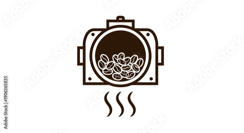 Coffee Roasting Process Icon: Graphic Vector Illustration of Beans Heating in a Roaster Drum, Symbolizing Production and Quality Preparation