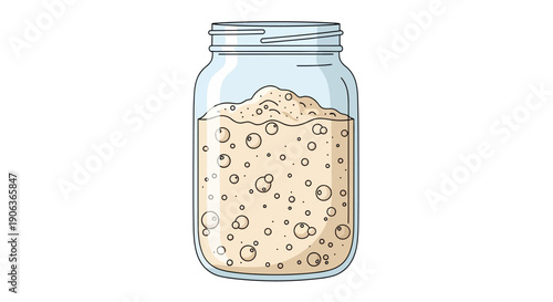 Sourdough Starter Culture in Glass Jar Vector Illustration. Active Wild Yeast Fermentation Process for Homemade Bread Baking and Levain Preparation.