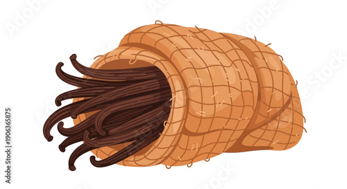 Hand-drawn vector illustration of dried gourmet vanilla pods overflowing from a woven sack, representing sweet flavor, cooking ingredient, and baking aroma, isolated on white background.